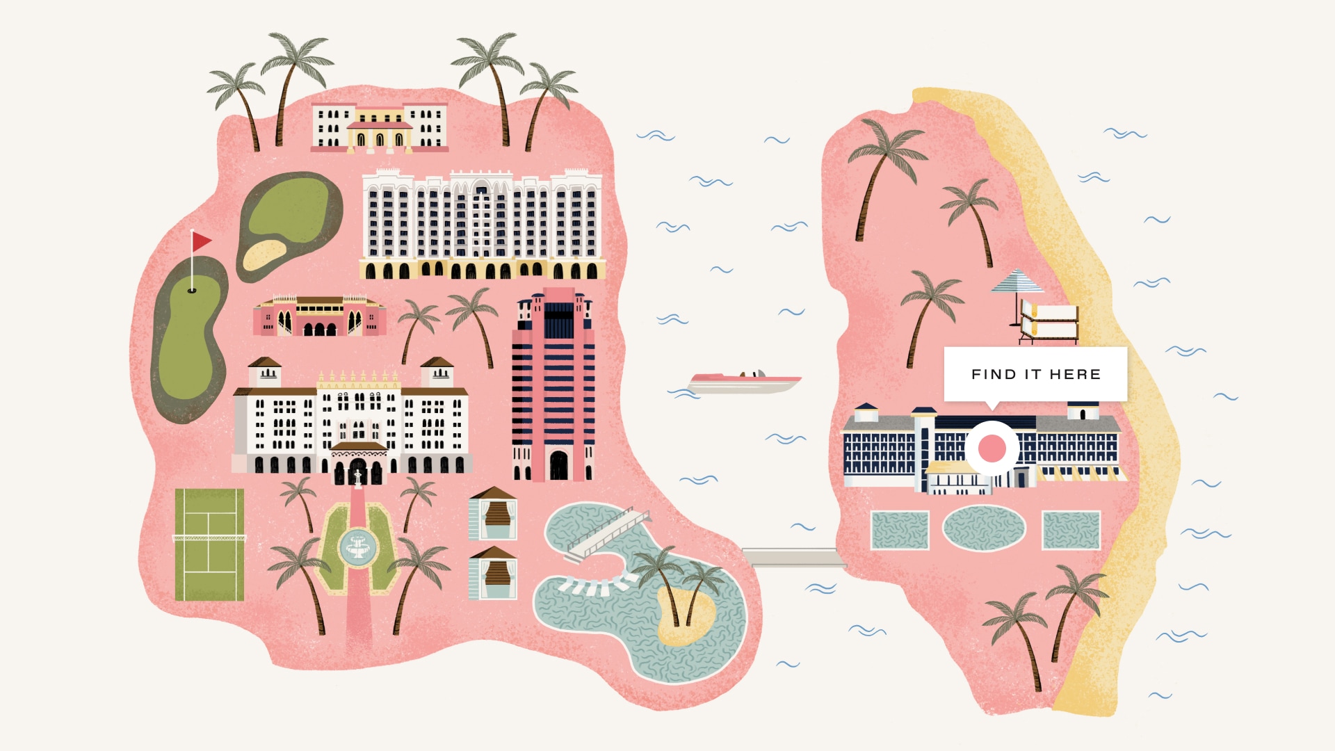 colorful illustrated map of The Boca Raton luxury beachfront resort